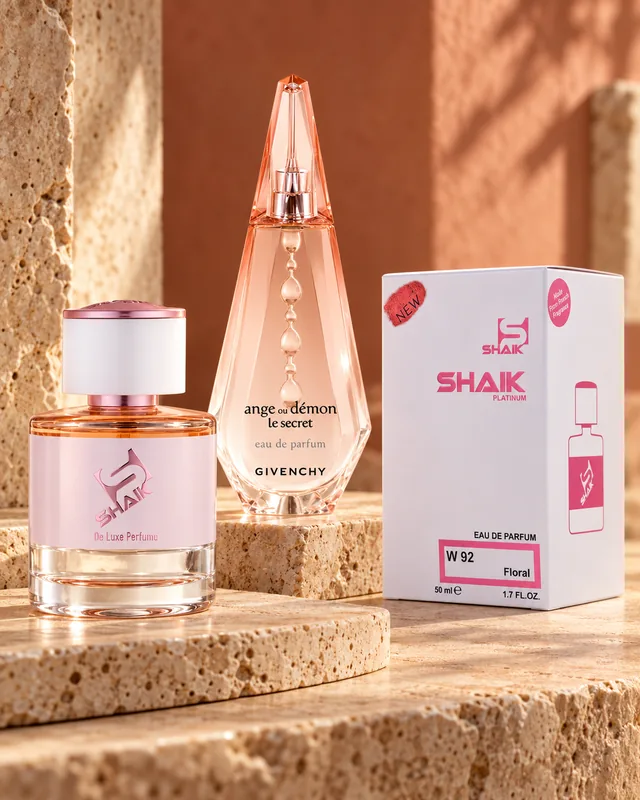 Shaik W 92 bottle and box beside Givenchy Ange ou Démon Le Secret, the fragrance that inspired it