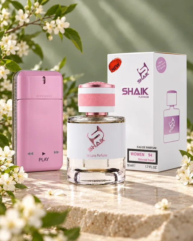 Shaik W 94 bottle and box beside Givenchy Play, the fragrance that inspired it