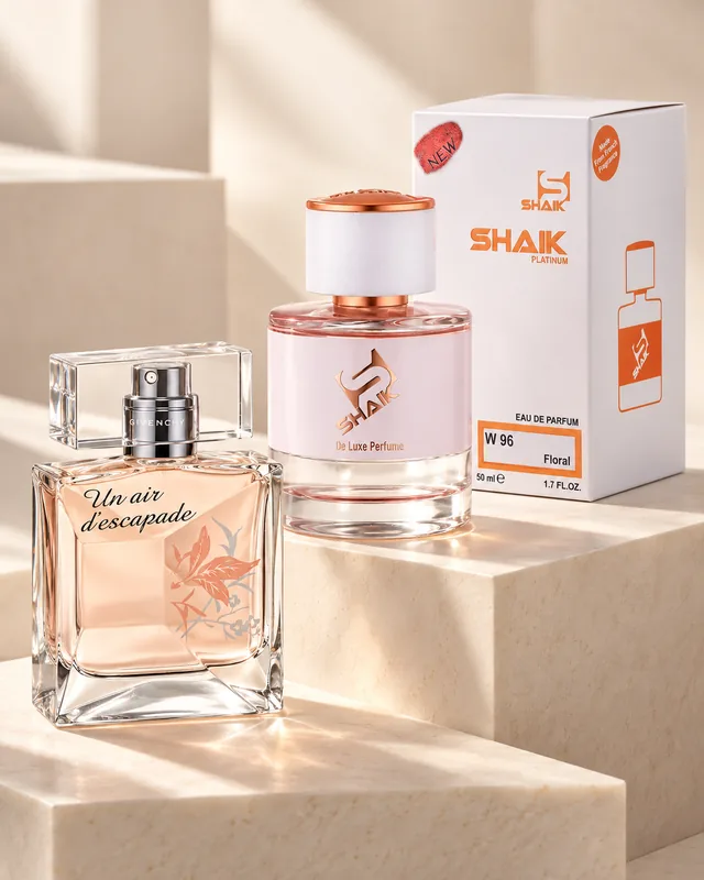 Shaik W 96 bottle and box beside Givenchy Un Air d'Escapade, the fragrance that inspired it