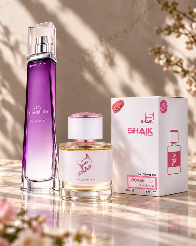 Shaik W 98 bottle and box beside Givenchy Very Irrésistible, the fragrance that inspired it